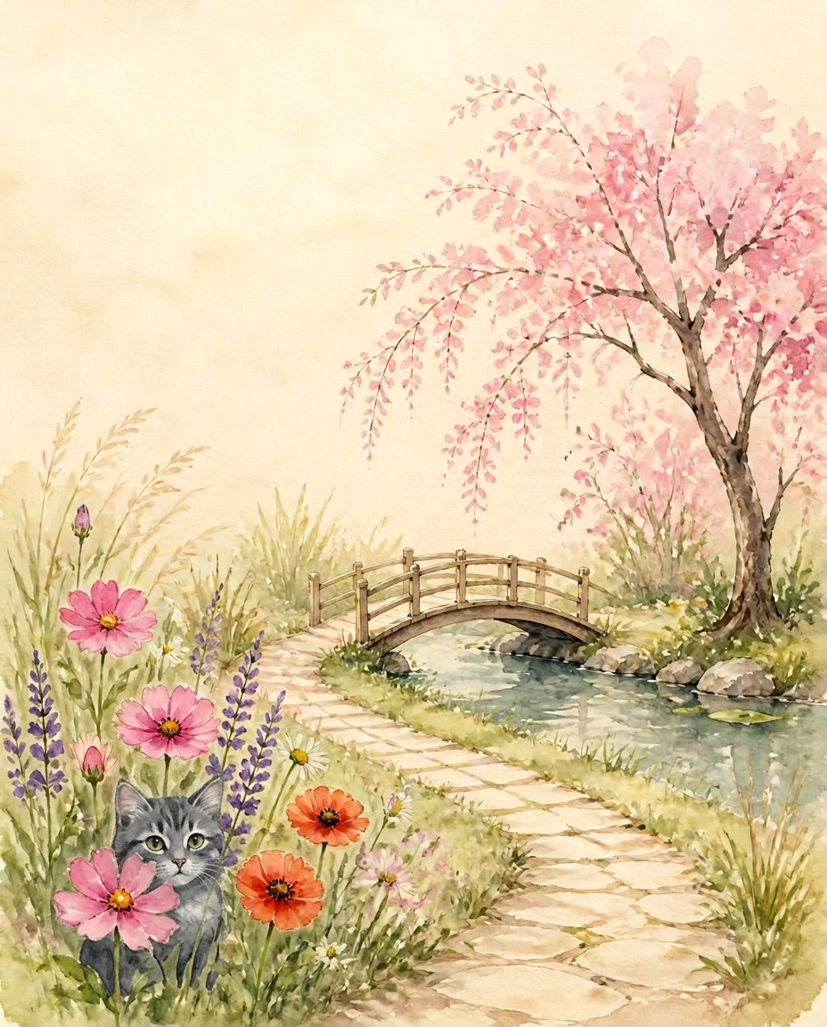 A quiet watercolor garden with a stone path, a small wooden bridge, a flowering tree, and a fluffy grey cat tucked among the cosmos